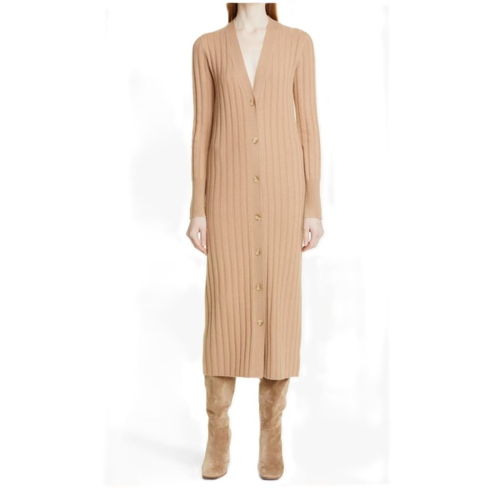 NORDSTROM SIGNATURE Cashmere Blend Cardigan Camel Ribbed Long Size XS